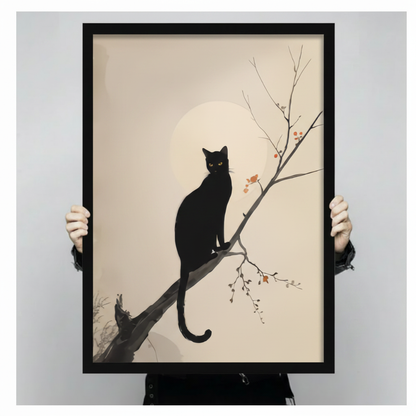 Person holding a large black framed ink wash style black cat on bare branch canvas art print showing print size scale and minimalist brushwork detail with glowing moon on cream background