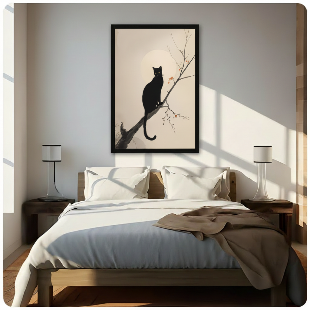 Framed ink wash style black cat perched on a bare autumn branch with red berries and a soft glowing moon canvas wall art on cream background hung above a wooden bed with white bedding in a sunlit bedroom