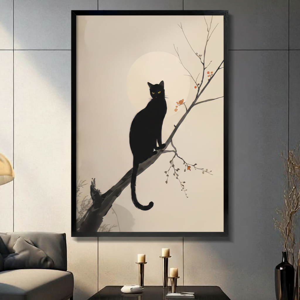 Framed Chinese ink wash style black cat sitting on a bare branch gazing at the moon canvas wall art with warm cream background and red autumn berries displayed on a dark grey wall in a modern living room