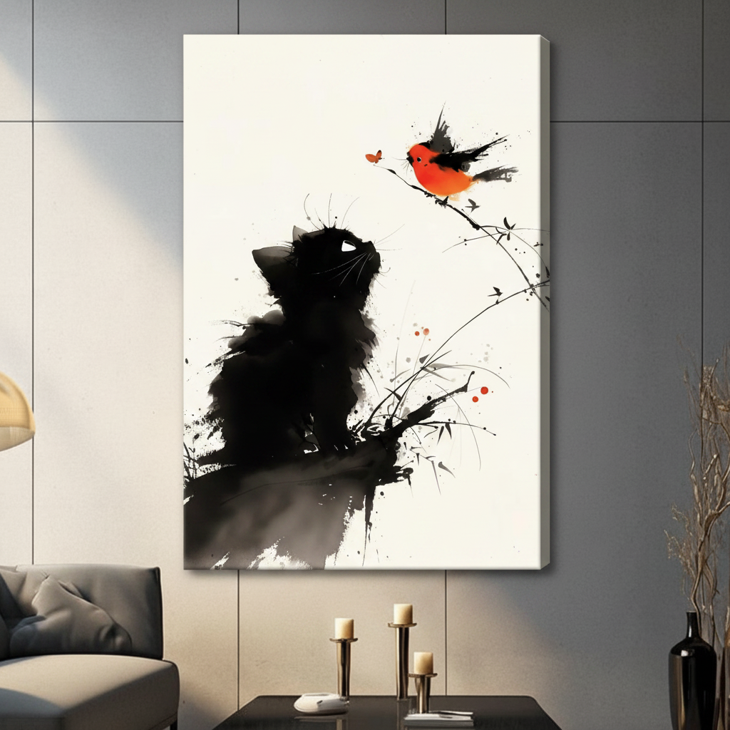Gallery wrap stretched canvas of a fluffy black ink wash cat looking up at an orange-breasted bullfinch perched on a delicate twig with red butterfly accents and ink splatter on white background hung frameless on a dark gray wall