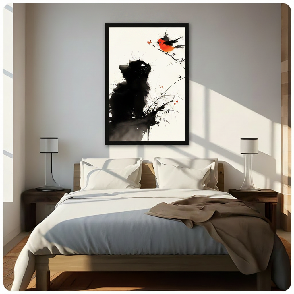 Black framed serene Chinese ink wash black cat and orange bullfinch on bamboo twig canvas wall art with clean white background hung above a dark wood bed with white and beige linen bedding in a sunlit minimalist bedroom