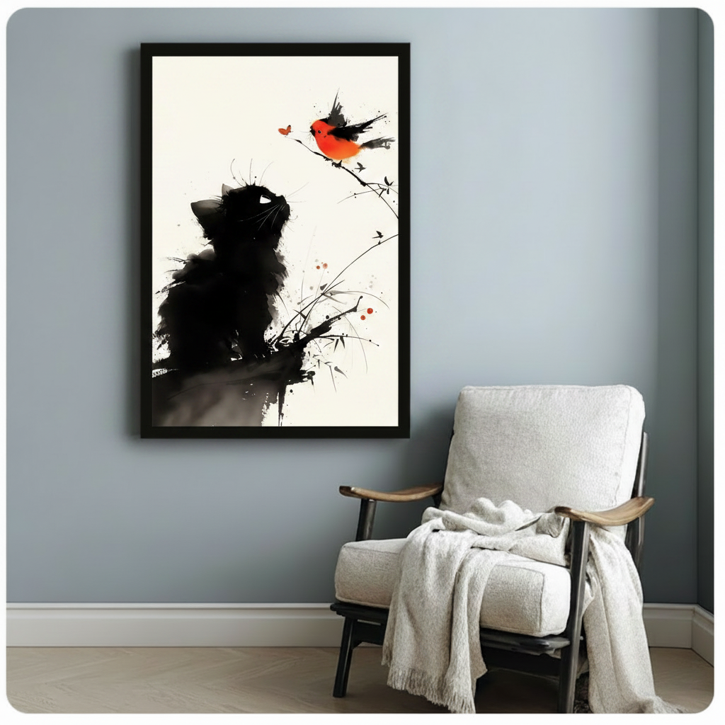 Black framed minimalist Chinese ink art black cat and red bullfinch on bamboo branch canvas print with white background and ink splash details hung on a soft blue-gray wall beside a white linen wood lounge chair with cream throw