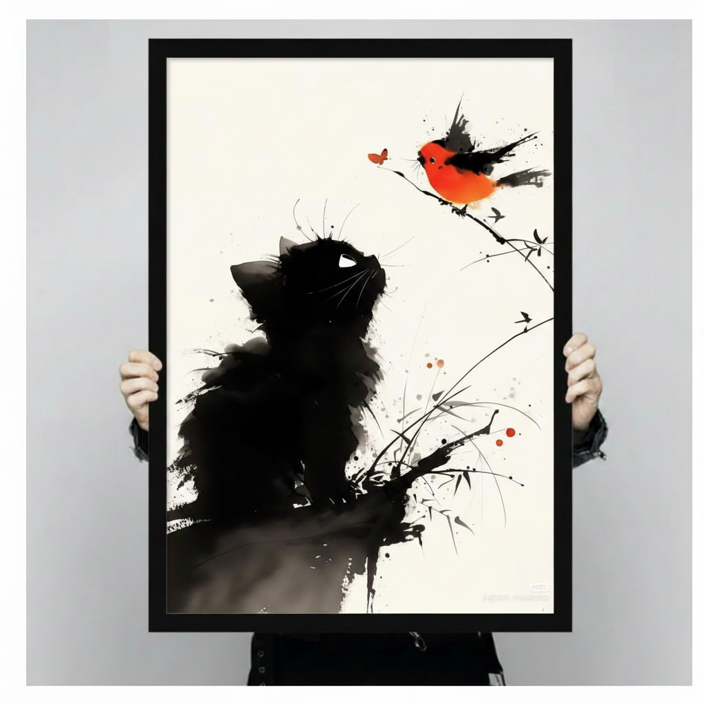Two hands holding a large black framed ink wash black cat looking up at a red-breasted bullfinch on a branch canvas art print with white background and red butterfly accent, front-facing vertical product size display