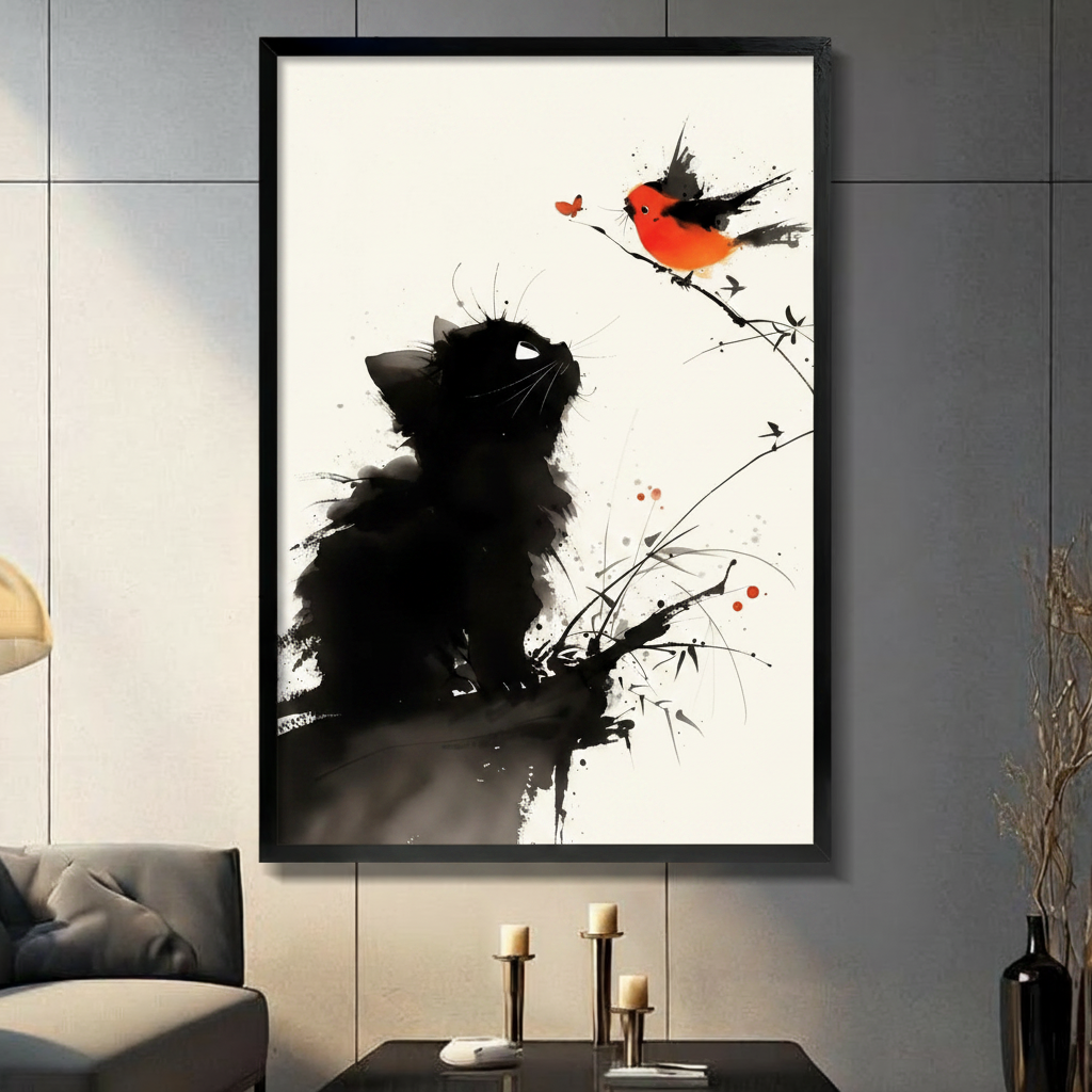 Black framed Chinese ink wash black cat gazing up at a red-breasted bullfinch on a bamboo branch canvas wall art with white background displayed in a modern dark gray living room with charcoal sofa and tall candlestick holders