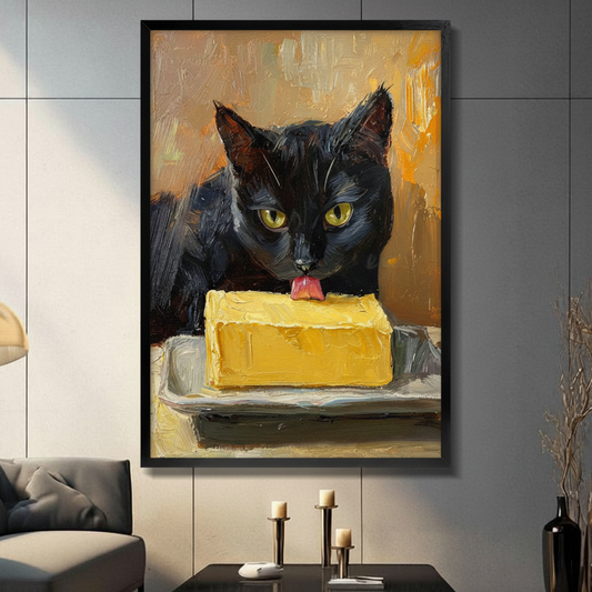 Framed black cat licking butter oil painting canvas print in dark modern living room - humorous expressive cat wall art with warm golden tones and bold brushstroke texture for contemporary home decor