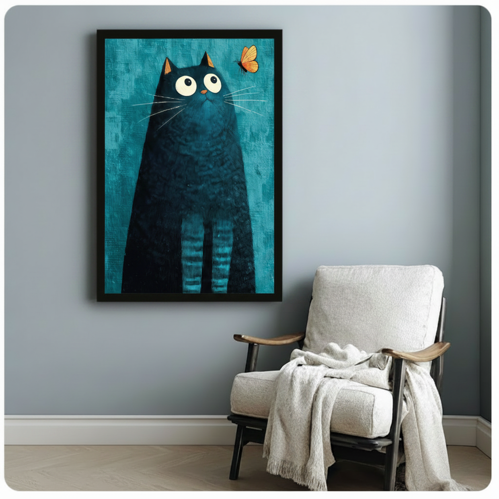 Black framed modern whimsical impasto oil painting round fluffy black cat with wide white saucer eyes and amber ear tips tilting head upward fixating on a delicate orange butterfly in the upper corner on rich peacock blue heavily textured background canvas print on pale blue-grey wall beside white wood arm accent chair with draped cream linen throw blanket - whimsical black cat butterfly teal wall art for cozy reading nook decor