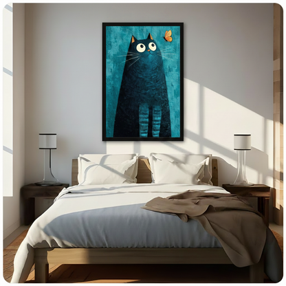 Framed modern whimsical impasto oil painting round fluffy black cat with wide white saucer eyes and amber ear tips tilting head upward fixating on a delicate orange butterfly in the upper corner on rich peacock blue heavily textured background canvas print above dark walnut platform bed with white linen duvet and caramel throw in sunlit minimalist bedroom with twin slim cylindrical table lamps on wooden nightstands - whimsical black cat butterfly teal wall art for contemporary bedroom decor