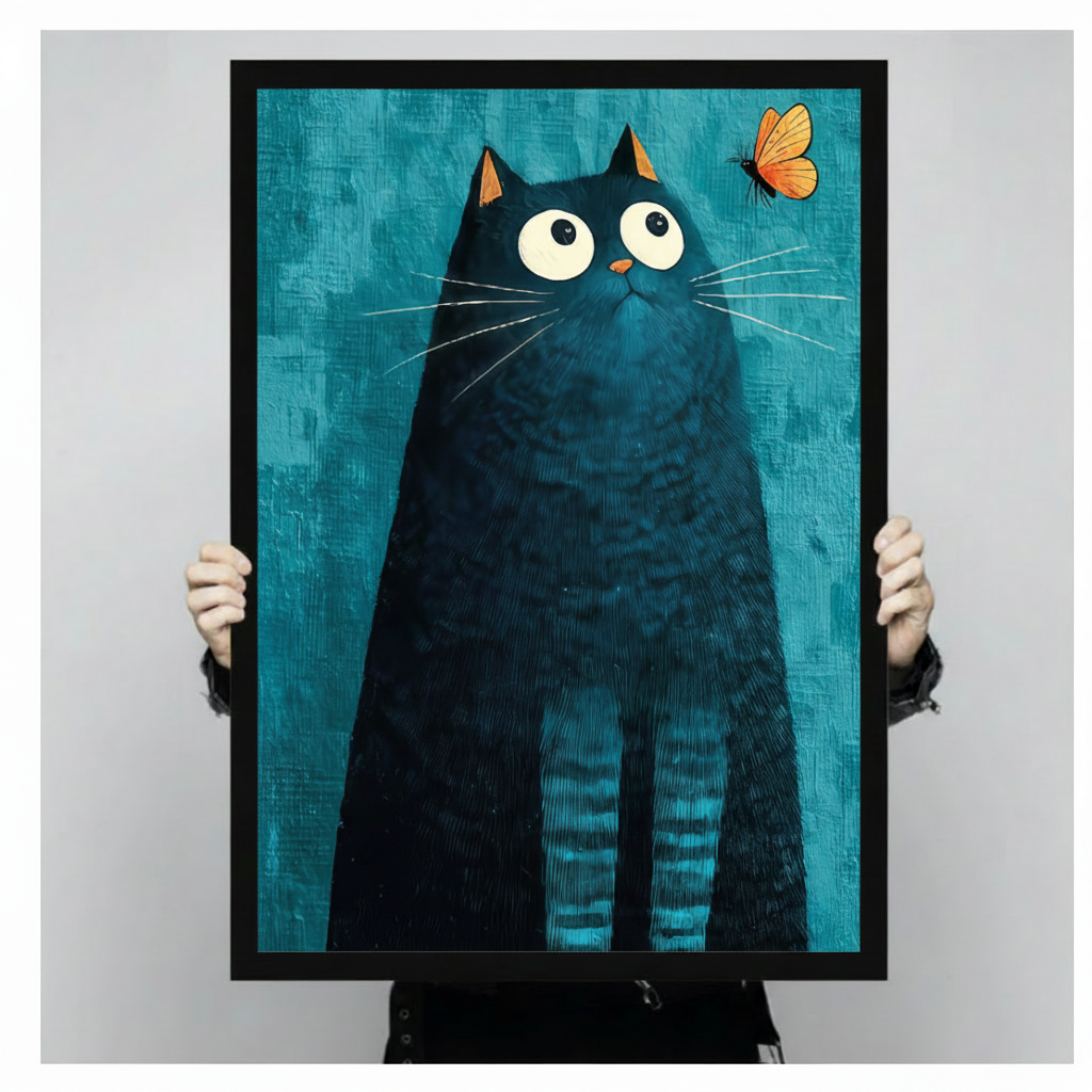 Person holding large framed modern whimsical impasto oil painting chubby black cat with oversized round white eyes and orange-tipped ears gazing upward at small orange butterfly hovering in upper right corner on deep teal blue textured brushstroke background canvas print with both hands against light grey background - close up size reference of curious black cat butterfly teal wall art with black frame finish