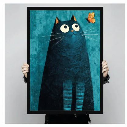 Person holding large framed modern whimsical impasto oil painting chubby black cat with oversized round white eyes and orange-tipped ears gazing upward at small orange butterfly hovering in upper right corner on deep teal blue textured brushstroke background canvas print with both hands against light grey background - close up size reference of curious black cat butterfly teal wall art with black frame finish