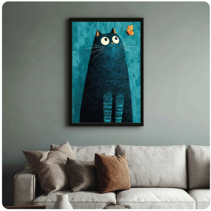 Framed modern whimsical impasto oil painting chubby black cat with oversized round white eyes and orange-tipped ears gazing upward at small orange butterfly hovering in upper right corner on deep teal blue textured brushstroke background canvas print on sage blue-grey wall above cream boucle sofa with mixed linen sand and caramel throw pillows - curious black cat butterfly teal wall art for stylish Scandinavian living room decor