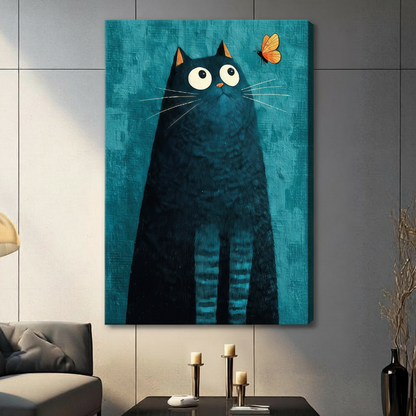 Unframed modern whimsical impasto oil painting round fluffy black cat with wide white saucer eyes and amber ear tips tilting head upward fixating on a delicate orange butterfly in the upper corner on rich peacock blue heavily textured background canvas print on dark grey tile wall in contemporary living room with charcoal sofa and tall pillar candles on side table - whimsical black cat butterfly teal wall art for modern interior decor