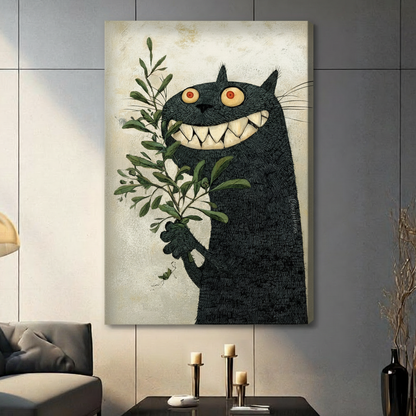 Unframed black cat canvas print with menacing grin and botanical branch, hung in contemporary living room