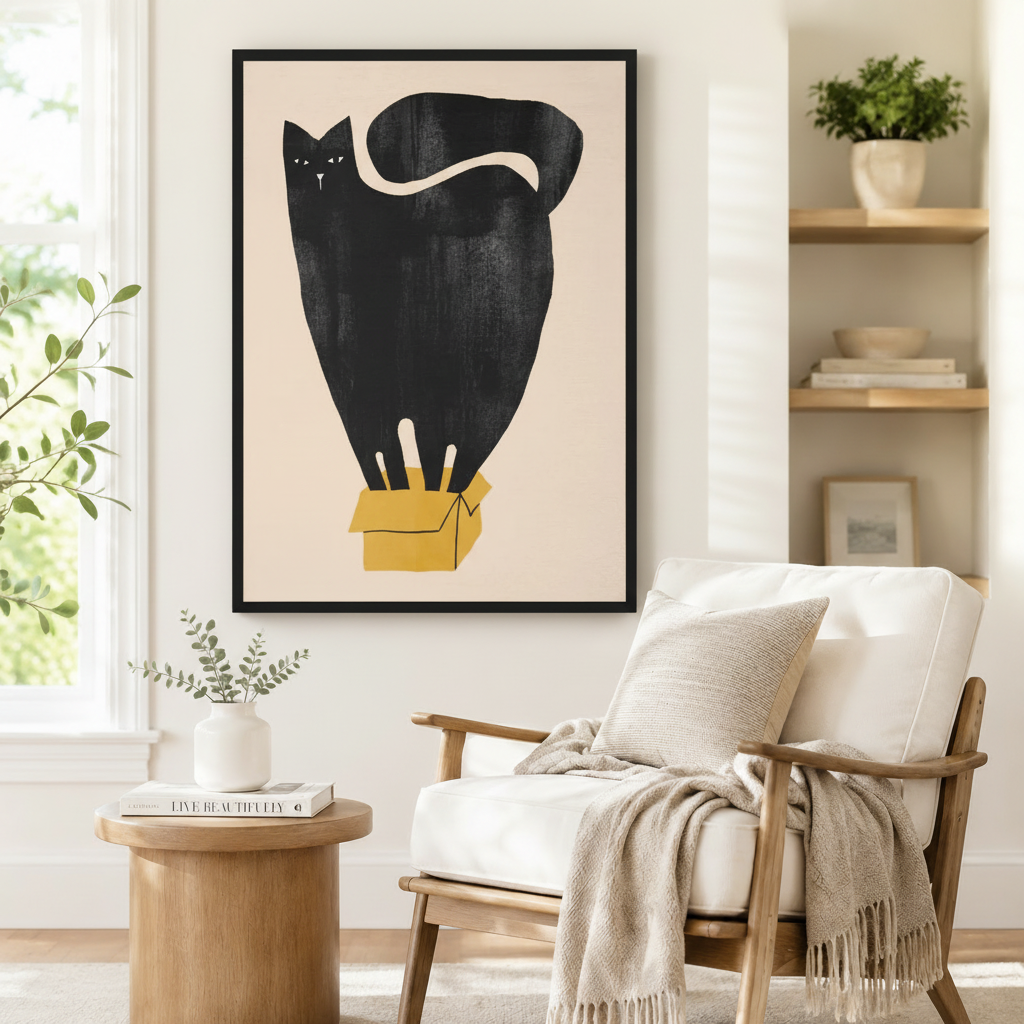 Black framed abstract black cat sitting in mustard yellow cardboard box art print on white wall beside a white linen armchair and round wood side table