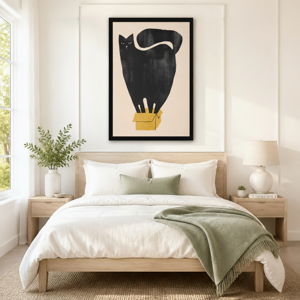 Black framed oversized minimalist black cat standing in mustard cardboard box wall art print hung above a light oak bed with white bedding and sage green throw in a serene bedroom