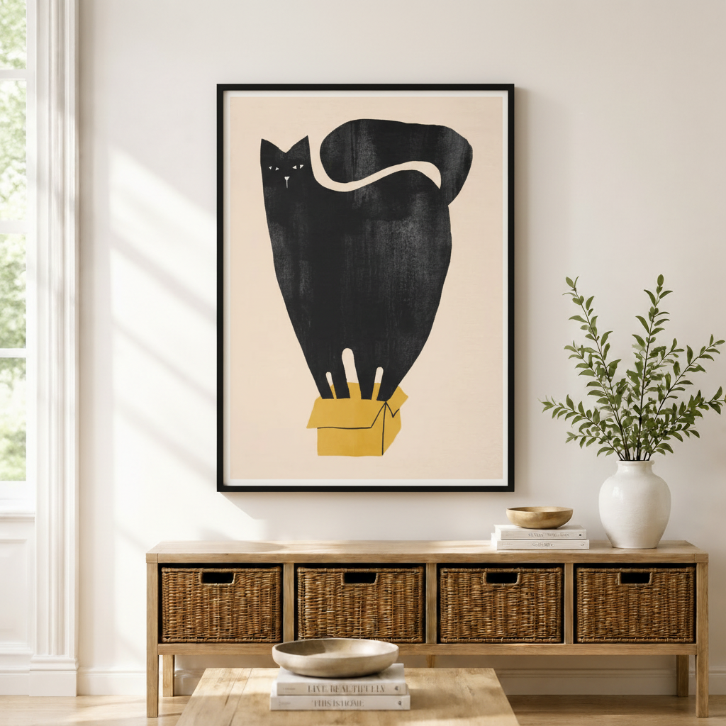 Black framed minimalist black cat standing in yellow cardboard box abstract wall art print displayed above a rattan storage console in a bright entryway