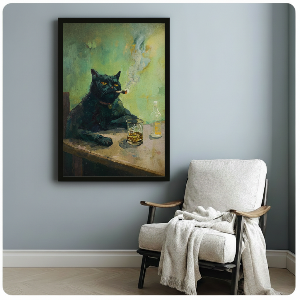 Framed gothic black cat cigar whiskey bar scene wall art print in cozy bedroom with armchair