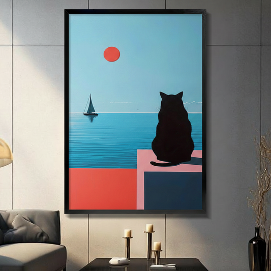 Black cat silhouette sitting on pink terrace gazing at blue ocean with red sun and sailboat minimalist canvas in black frame on dark grey panel wall – geometric coastal cat wall art for living room