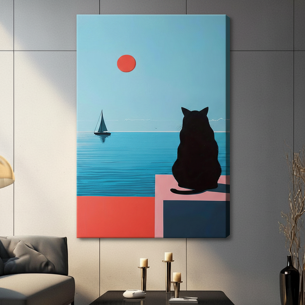 Frameless black cat silhouette on pink terrace watching sailboat under red sun minimalist canvas on dark grey panel wall – geometric block color coastal cat print for contemporary living room