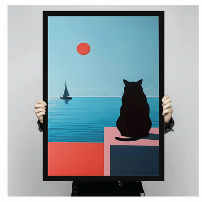 Hands holding framed black cat silhouette coastal sailboat red sun minimalist canvas – geometric block color ocean cat wall art size reference display