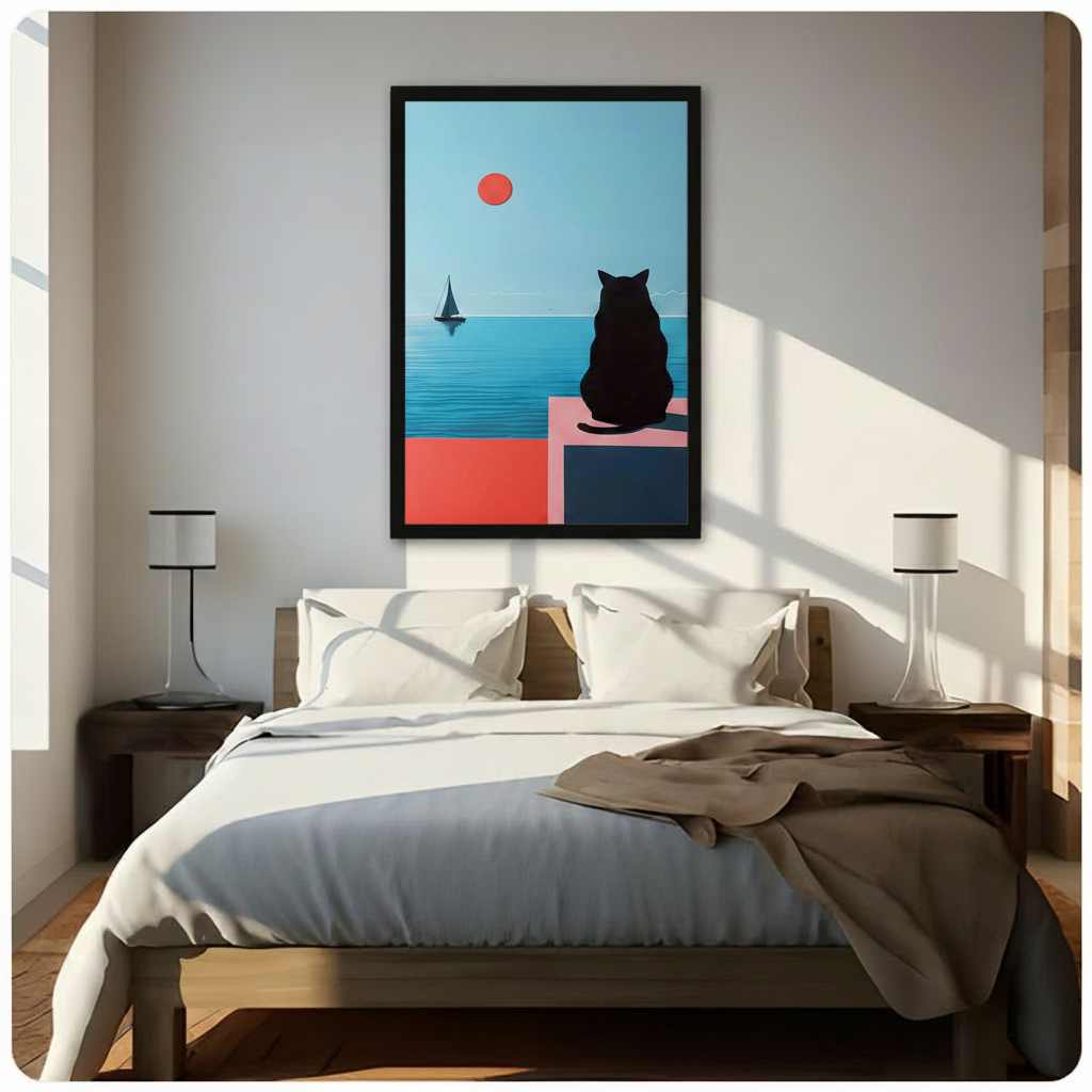 Framed black cat on pink terrace gazing at blue ocean sailboat red sun minimalist canvas above wooden bed in sunlit bedroom – geometric coastal cat wall art for bedroom decor