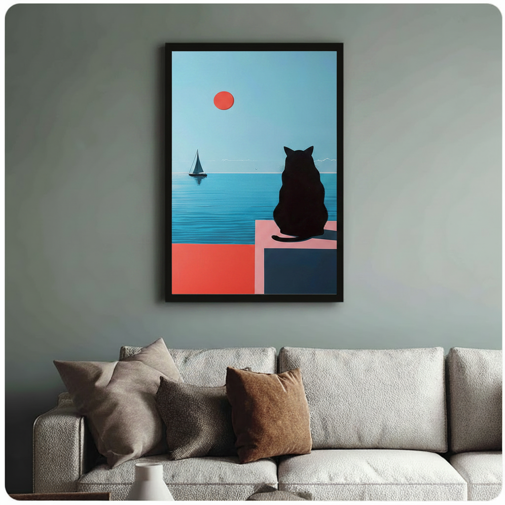 Framed black cat coastal sailboat red sun minimalist canvas above textured cream sofa on sage grey wall – Bauhaus inspired geometric cat ocean wall art for living room decor