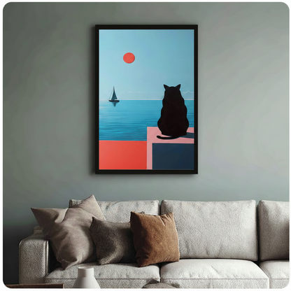 Framed black cat coastal sailboat red sun minimalist canvas above textured cream sofa on sage grey wall – Bauhaus inspired geometric cat ocean wall art for living room decor