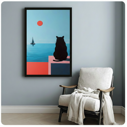 Minimalist black cat on pink terrace sailboat framed canvas beside wooden armchair with white throw on pale blue wall – geometric coastal cat art for reading nook or study