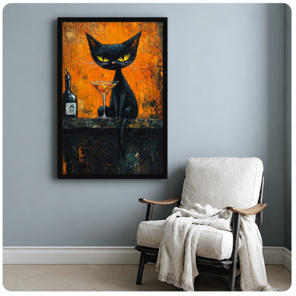  Black cat cocktail canvas wall art above a white armchair, with a yellow-eyed cat and drink against a vivid orange backdrop