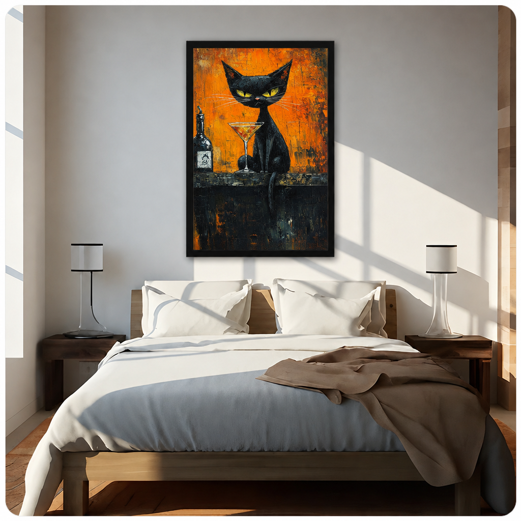 Black cat cocktail canvas wall art above a bed, depicting a sleek cat at a bar with a cocktail and bottle