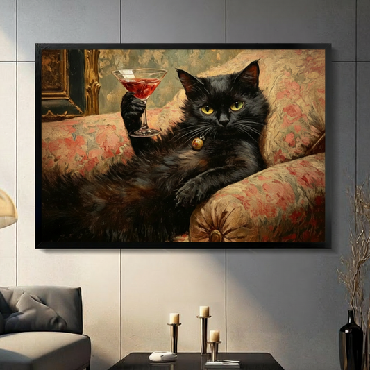 Black cat holding a red cocktail framed wall art displayed in a modern living room