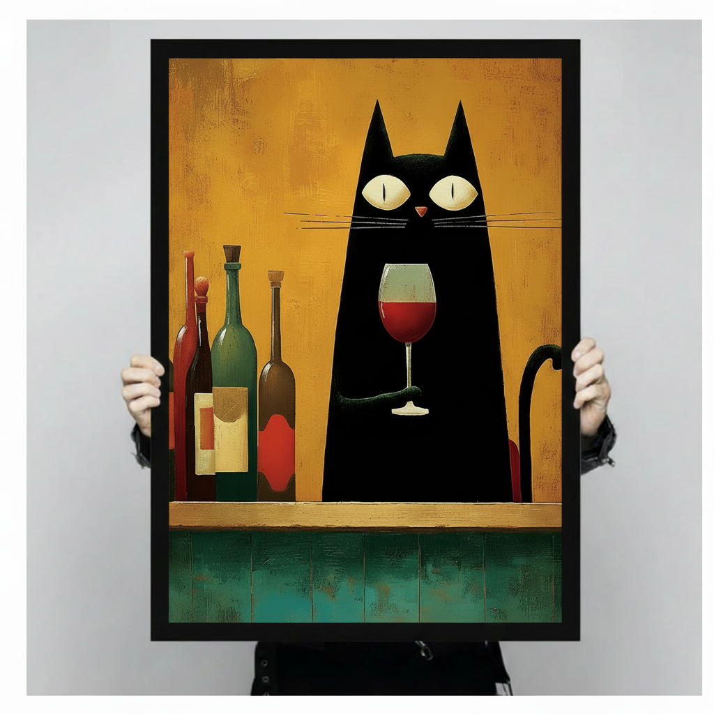  Black cat cocktail wall art with colorful bottles in a contemporary interior