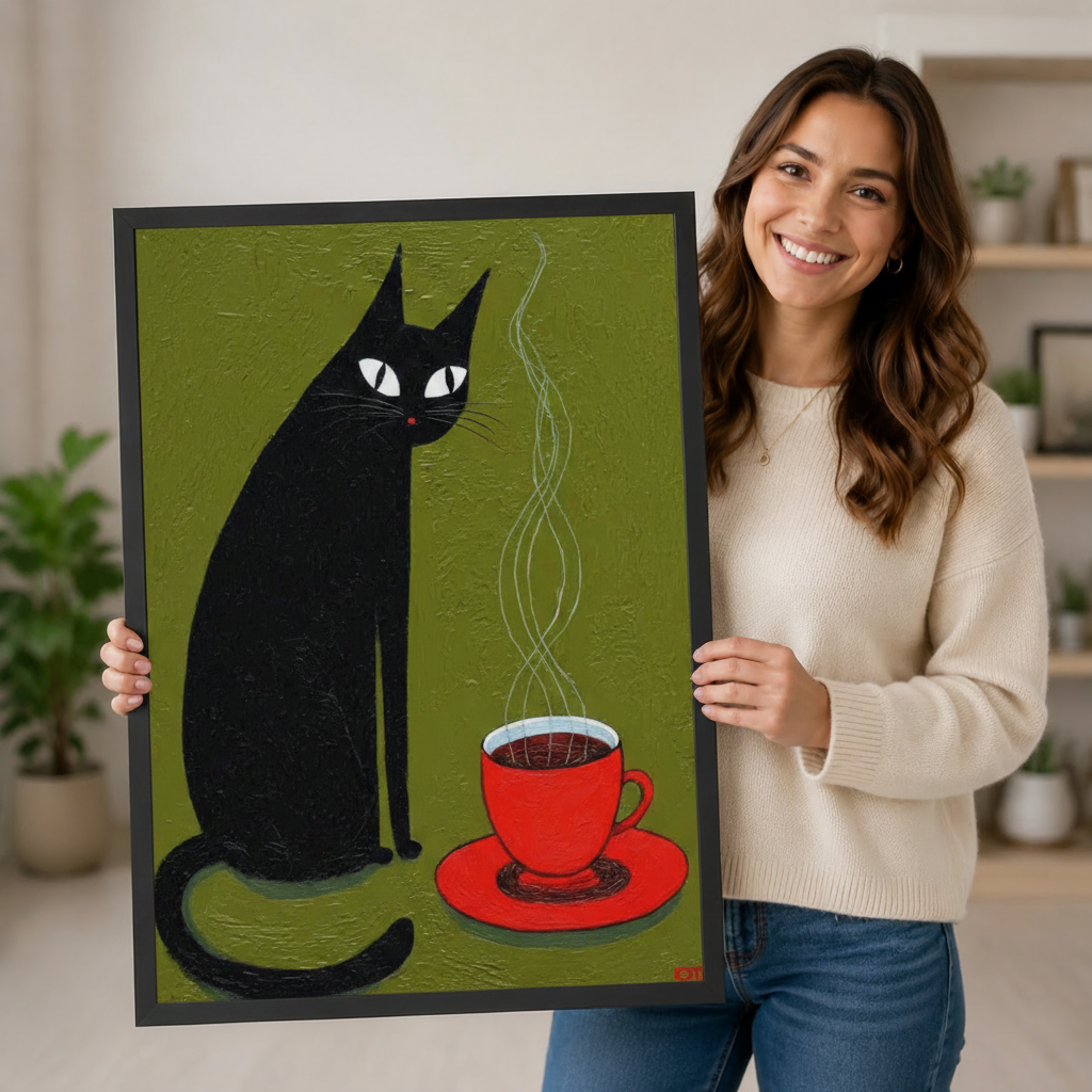 Woman holding a large framed folk art print of a black cat and steaming red coffee cup on olive green, showcasing print size and quality