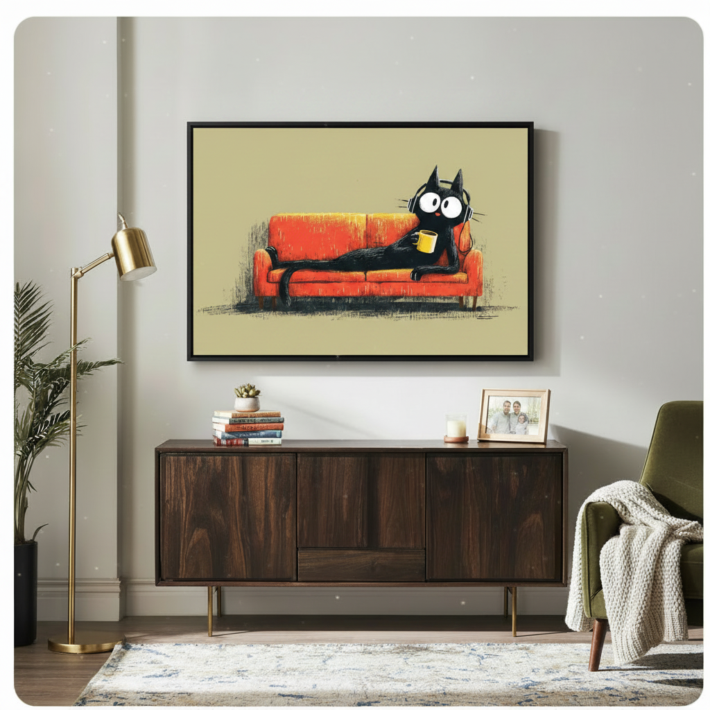 Whimsical black cat with coffee cup canvas art in black frame above dark walnut sideboard in mid-century modern living room