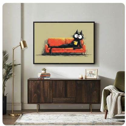 Whimsical black cat with coffee cup canvas art in black frame above dark walnut sideboard in mid-century modern living room