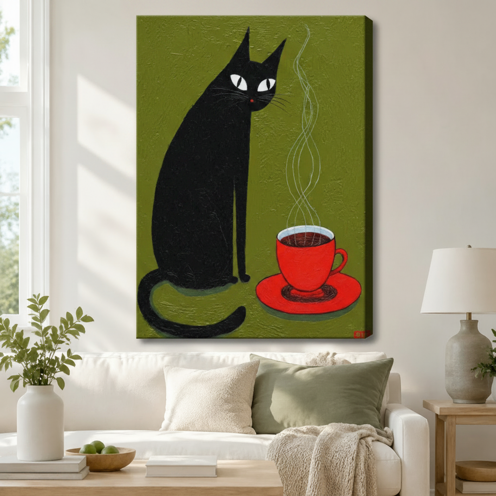 Gallery wrap canvas featuring a bold black cat and a red steaming coffee cup on an olive green textured background, hung above a white linen sofa in a bright living room