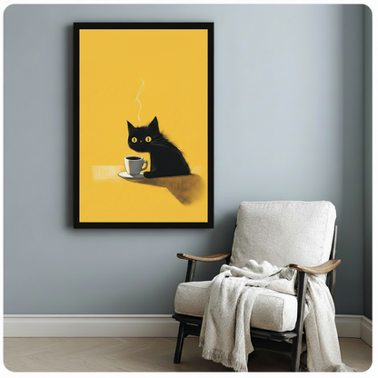 Framed black cat with hot coffee illustration print on blue-grey wall beside linen armchair