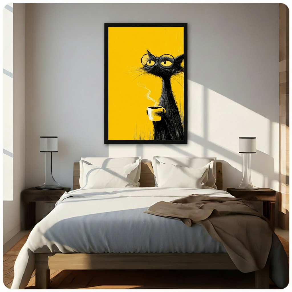 Large black framed canvas of a quirky black cat wearing glasses and holding a hot coffee cup on a yellow background, displayed above a bed as a statement bedroom wall art piece