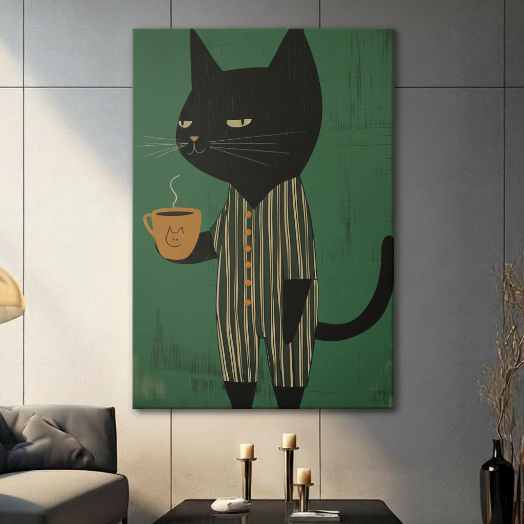 Gallery-wrapped canvas art of a grumpy black cat wearing striped pajamas with a coffee mug on green background, hung in a contemporary living room setting