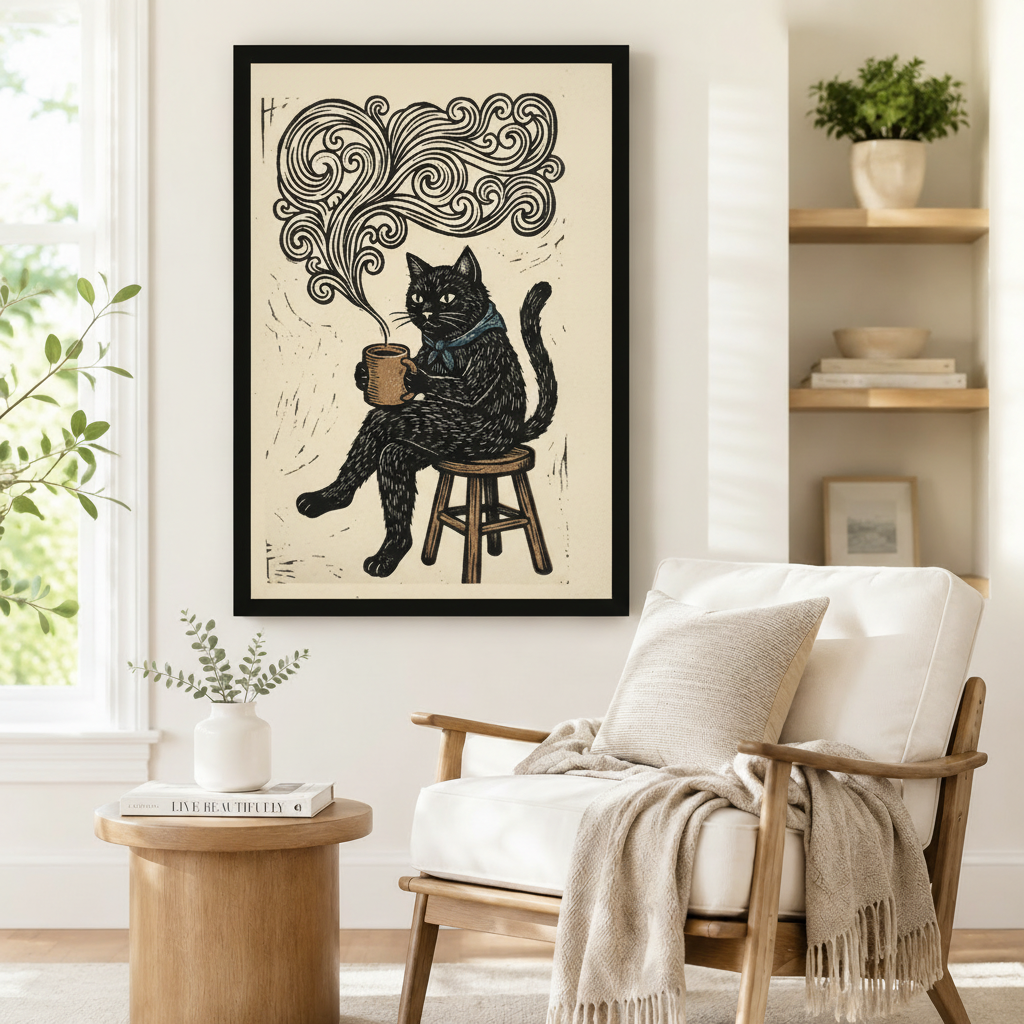 Framed vintage-style black cat coffee art print with swirling steam design hung beside a white armchair in a Scandinavian-inspired reading corner