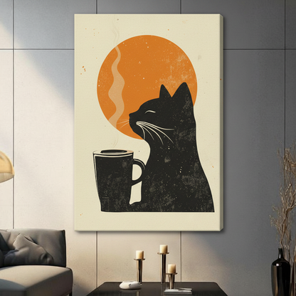 Gallery-wrapped canvas of a black cat and coffee mug art print with vintage linocut style and warm amber sun, hung in a contemporary living room