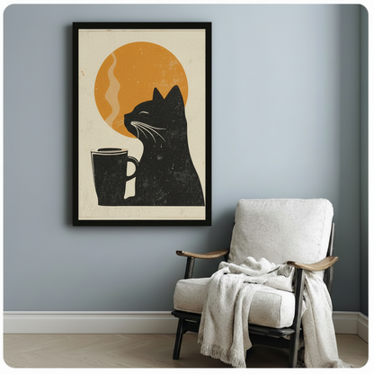 Black cat coffee art framed poster with retro linocut texture, showcasing a cat silhouette beside a steaming mug, styled above a cozy reading chair