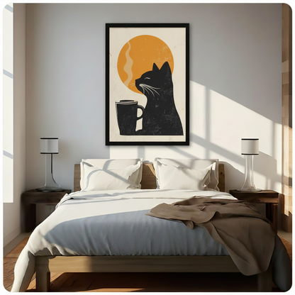 Framed black cat wall art with coffee mug and glowing orange sun motif, displayed above a bed in a bright minimalist bedroom with warm morning light