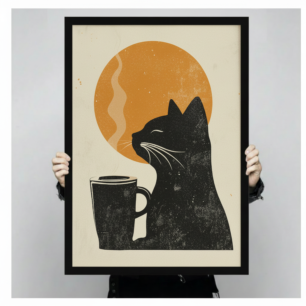 Close-up of a black cat and coffee mug framed art print in linocut style with an orange sun background, held up to show print detail and black frame