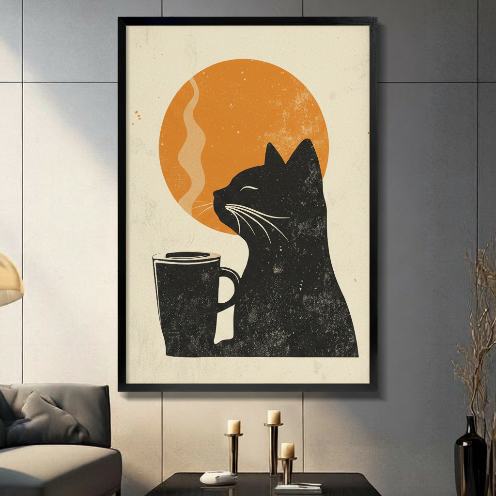 Framed black cat wall art print featuring a cat silhouette sniffing a steaming coffee mug against a bold orange sun, displayed in a modern living room