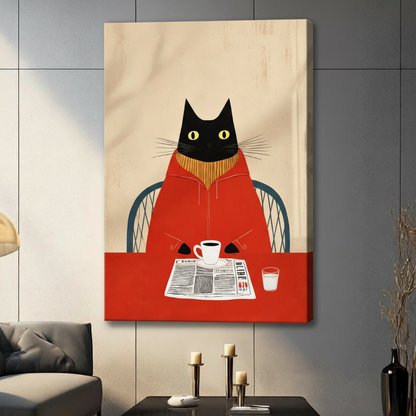 Gallery wrap stretched canvas of a chubby black cat with yellow eyes wearing a bold red turtleneck seated in a teal wicker chair at a red table with an open newspaper espresso cup and water glass retro illustration on a distressed cream wood background hung frameless on a gray wall