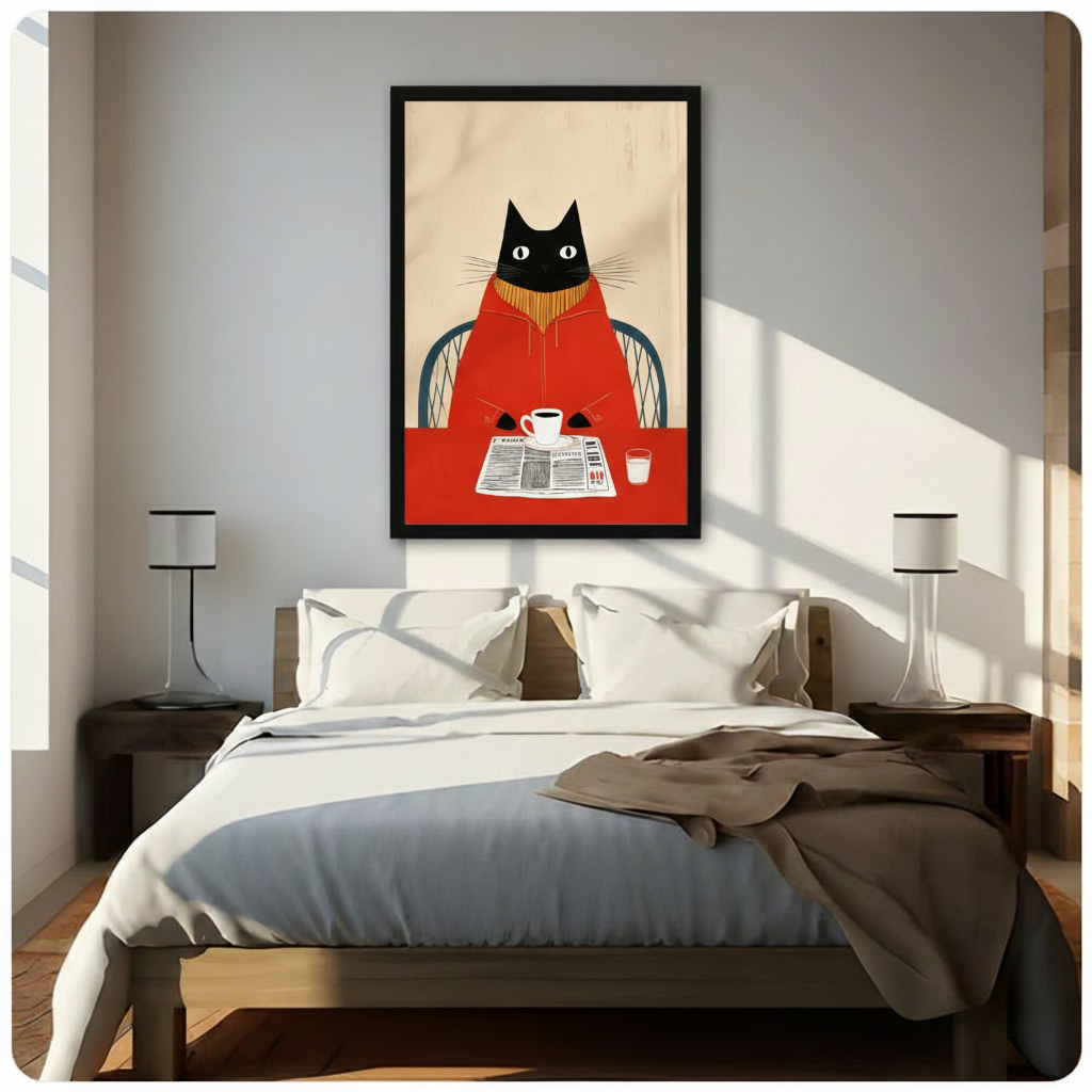 Black framed charming black cat in red turtleneck sweater enjoying morning coffee and newspaper in a blue wicker chair retro illustration canvas wall art on cream wood grain background hung in warm diagonal sunlight above a dark wood bed with white linen bedding and matching nightstands