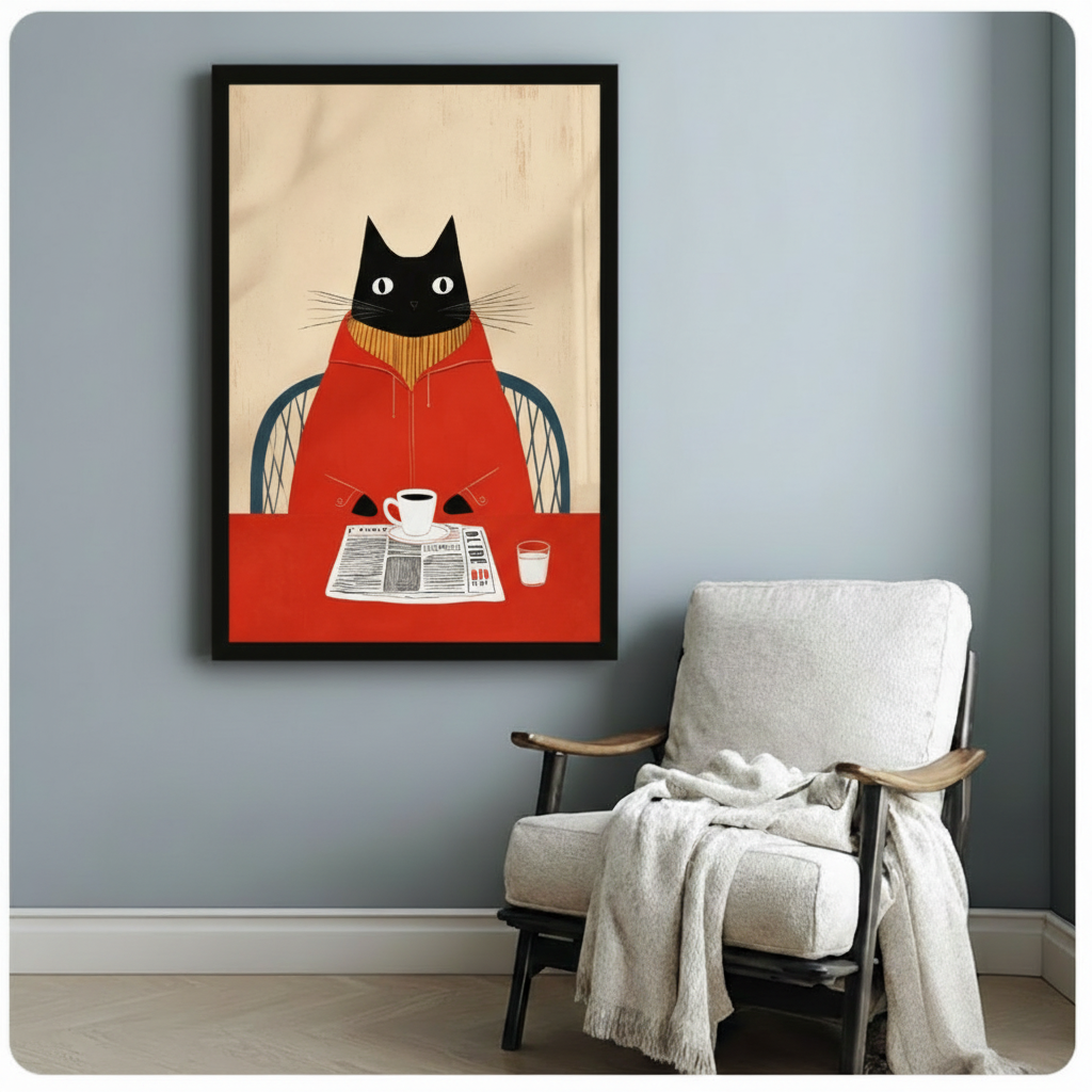 Black framed whimsical black cat in oversized red sweater reading morning newspaper with coffee mid-century modern illustration canvas print on aged beige background hung on a soft blue-gray wall beside a white linen wood folding chair with a draped cream knit throw