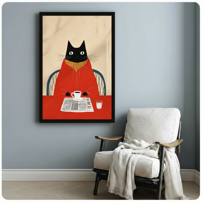 Black framed whimsical black cat in oversized red sweater reading morning newspaper with coffee mid-century modern illustration canvas print on aged beige background hung on a soft blue-gray wall beside a white linen wood folding chair with a draped cream knit throw