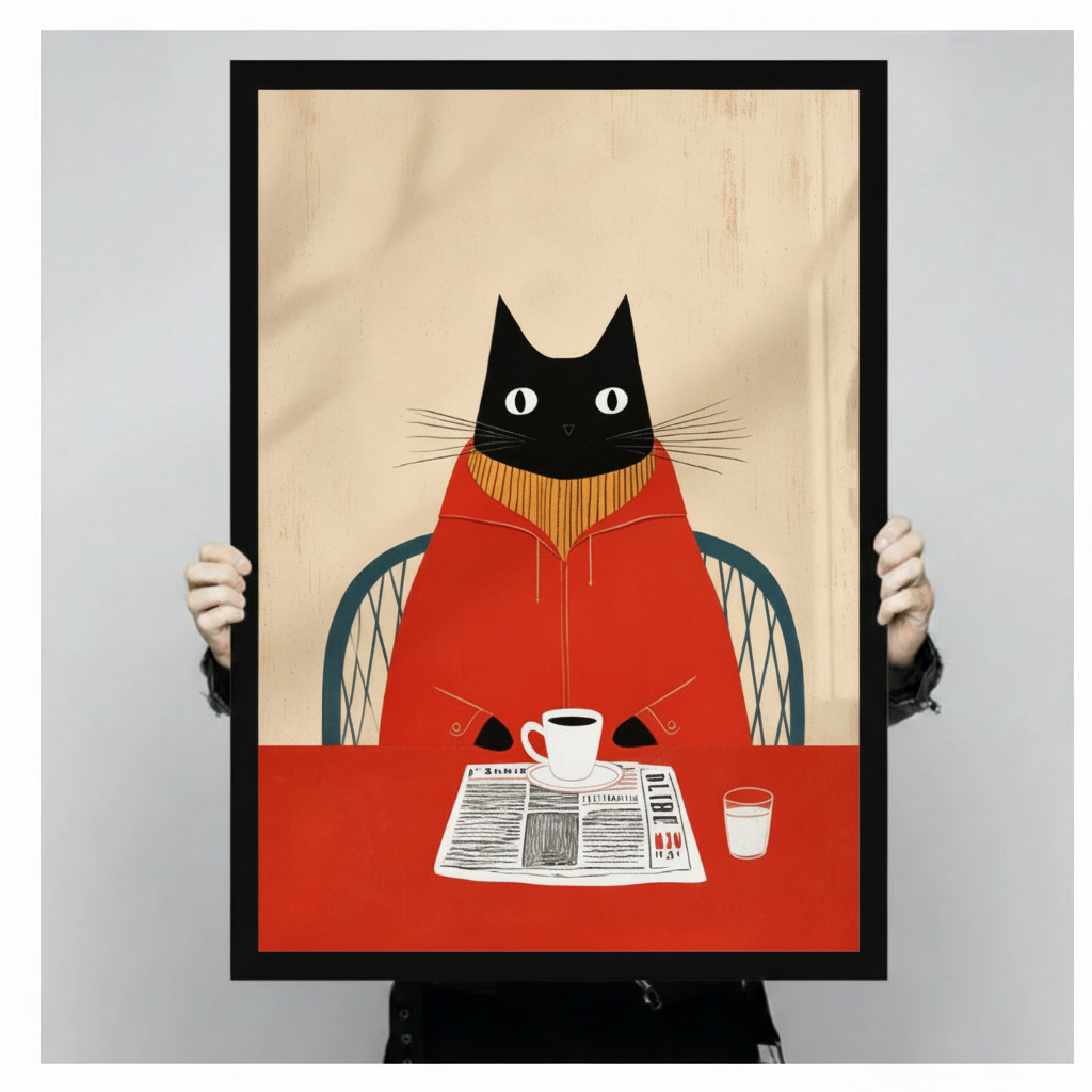 Two hands in black jacket sleeves holding a large black framed funny black cat in red turtleneck reading a newspaper over coffee retro mid-century illustration canvas art print on warm beige wood grain background, front-facing vertical product size display