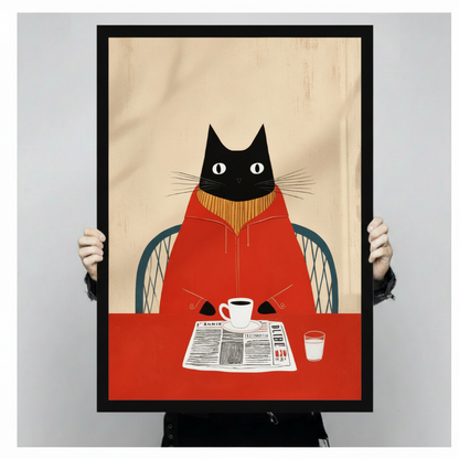 Two hands in black jacket sleeves holding a large black framed funny black cat in red turtleneck reading a newspaper over coffee retro mid-century illustration canvas art print on warm beige wood grain background, front-facing vertical product size display